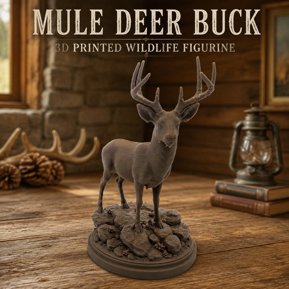 Mule Deer Buck 3D Printed Wildlife Figurine Rustic Cabin Hunting Decor 4 Inch